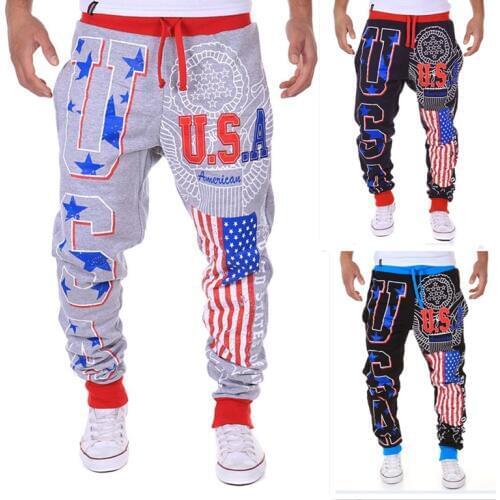 HOT 2019 Outdoor American flag design USA letters Mens Jogging Sport Running Hip Hop GYM Loose printing sweatpants male