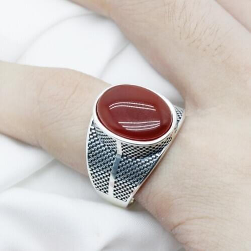 925 Sterling Silver Men Ring with Big Natural Aagte Stone Retro Punk Thai Silver Turkish Ring for Male Female Husband Jewelry