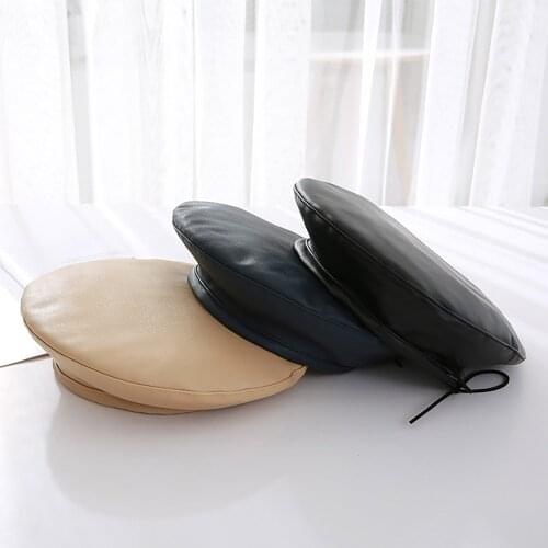 New Fashion Bow Knotted Berets For Women Solid Color Caps Artificial Leather Cap PU Retro Hats Female Winter Slouchy Beanies