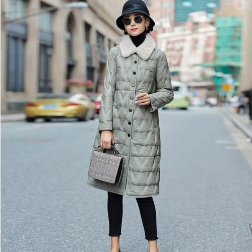 Mink Fur Collar Coat Female Autumn 90% White Duck Down Womens Down Jacket Real Sheepskin Leather Jackets Women Casaco Zjt1692