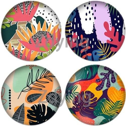 Zdying Colorful Art Flowers Leaves Pattern Background Round Glass Cabochon Demo Flat Back DIY Making Jewelry Findings