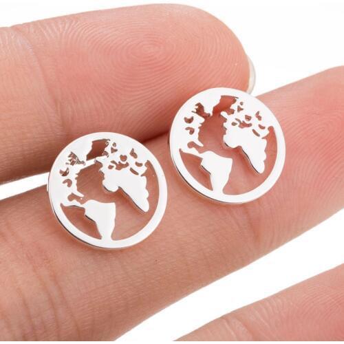 Hfarich New Stainless Steel World Map Trendy Stud Earrings for Travel gift Vintage Globetrotter Earth Atlantic Handmade Jewelry