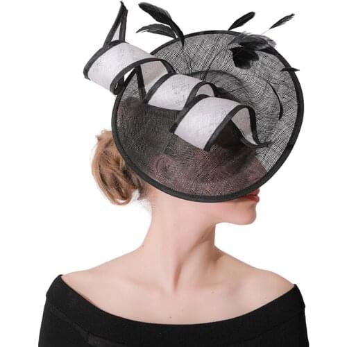 Ladies Fascinator Hats Hemp Yarn Bride Wedding Hats Fascinators for Women Elegant Church Hats Top Hat Feather Hair Clip LM062