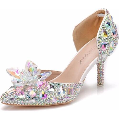 Diamond wedding shoes thin heel pointed sandals hollow two piece sandals large size crystal wedding shoes