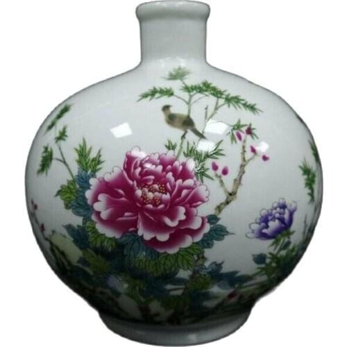 Chinese Old Porcelain Pastel Flower Bird Bird Bamboo Pattern Pomegranate Bottle Vase