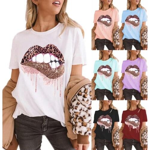 Womens Leopard Lips Print T-Shirt Lips Print Short Sleeve Plain Color Round Neck T-Shirt Short Sleeve Casual TShirt Tops