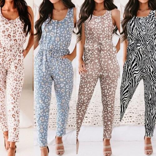 Summer Womens Jumpsuits&Rompers Jumpsuit Elastic Waist Straight Pants Sleeveless Female Leopard Casual Original Design C2693