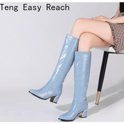 Fashion Snake Embossed Knee-high Boots Women Pointed Toe Western Cowboy Boot High Heels Knight Woman chaussures femme Big Size 9