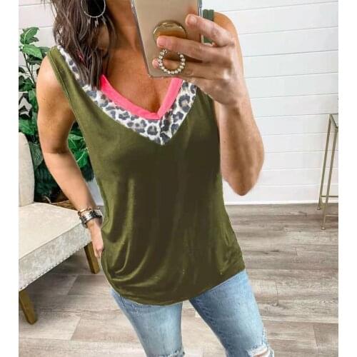 Womens Top Summer Tanks Patchwork O-Neck Sleeveless Color Matching Leopard Print T-Shirts Womens Clothing 2021 Casual Y2K Tops