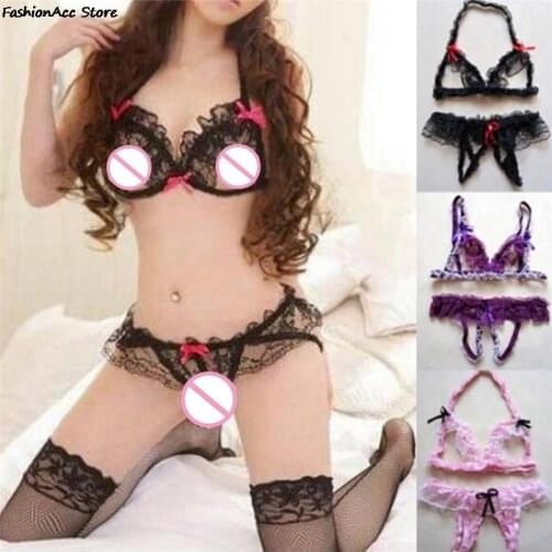 Womens Sexy Lace Open Crotch Thongs G-string Bikini Lingerie Underwear Bra Set