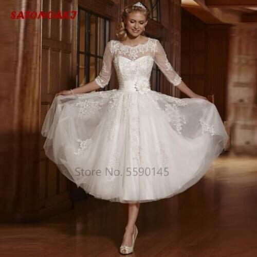Vintage Short Wedding Dress 2020 for Women 3/4 Long Sleeve White Lace Appliques Bttton Back Tea-Length Bridal Vestido De Novia