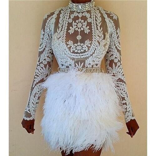 2020 Feather Sheath Short Prom Dress Sexy Sash Pearls Illusion Long Sleeves Lace Applique Cocktail Dresses Cheap Party Vestido