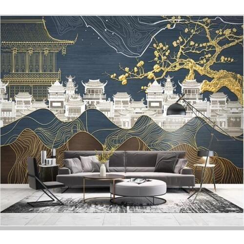Chinese style golden landscape plum blossom building 3d wallpaper papel DE parede,living room tv wall bedroom restaurant mural