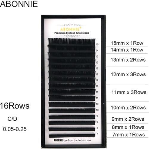 ABONNIE,16rows/case 7~17mm and mix premium natural synthetic mink individual eyelash extension makeup cilia professional