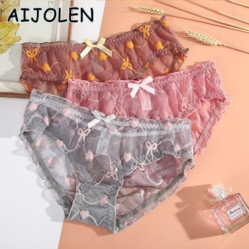 AIJOLEN Hollow Flower Bow knot Panties Sexy Mesh Lace Underwear Embroidered Flowers Ladies Underpants Sexy Briefs for Women