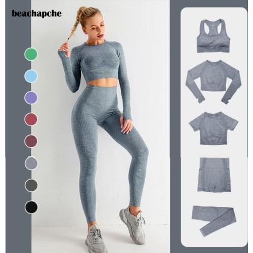 Beachapche 2/3/5PCS Seamless Women Yoga Set Workout Sportswear Gym Clothing Fitness Long Sleeve Crop Top High Waist Leggings Spo