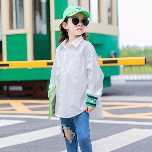 Child Girls White Shirt Oversize Teenage Cool Long Sleeve Tops 2021 spring 6 8 10 12 14 16 Girls Clothes Casual cotton Shirts