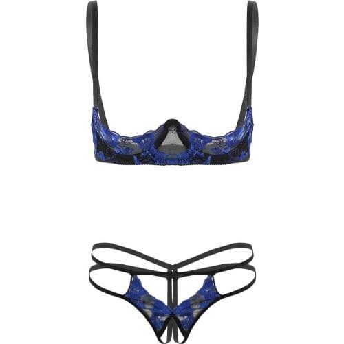 Women Erotic Lace Sexy Lingerie Set Expose Breast Embroidery Underwear Porno Bra Top Adjustable Bras Open Croch Panties G-string