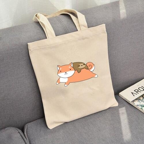 Women Canvas Shoulder Tote Bag Cute Chic Animal Printed Shopping Bags Kawaii Female Handbag Reusable Shopper Bag Couple Tote Bag