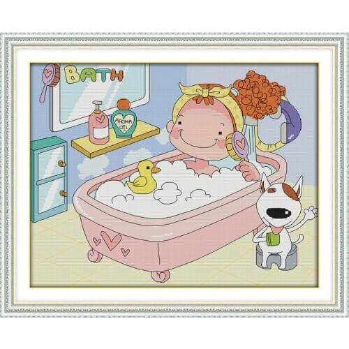 I love bathing bathroom decor handmade cross-stitch sets diy needlework kits painting counted print on canvas DMC 14ct cartoon