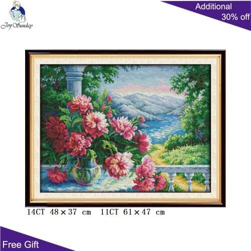 Joy Sunday Flower Vase F926 14CT 11CT Counted and Stamped Home Decor Vase With Distant Mountains Embroidery Cross Stitch kits