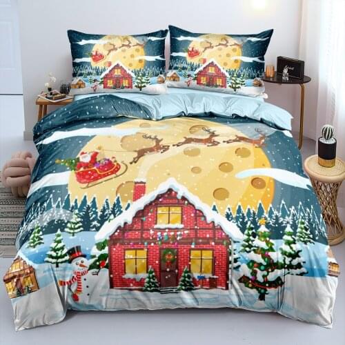 Merry Christmas Duvet Cover and Pillowcase(s) King/Queen Blue Quilt Covers Set 3D Bedding Sets 3-Piece Queen Bed Linen Beddings
