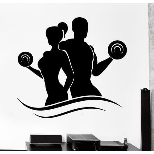 Fashion Fitness Vinyl Wall Decals Lady Man Bodybuilding Dumbell Barbell Gym Wall Sticker Fitness Centre Bedroom Home Decoration