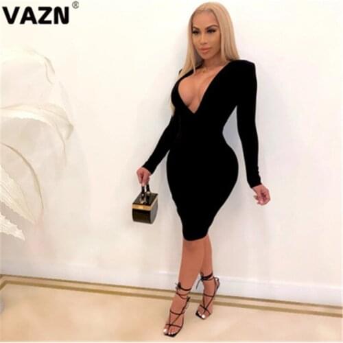 VAZN New 2020 Bandage Pleated Chic Ladies Slim Elegant Female Dress Club Birthday Shinny Dress Full Sleeve Deep V-neck Dresses