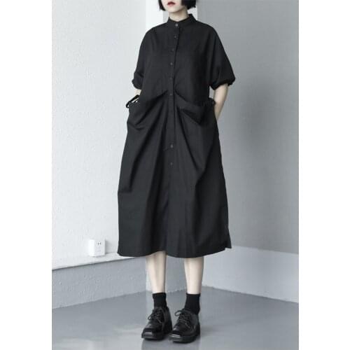 Summer 2021 new loose design drawstring Lace Up Short Sleeve Black Dress Medium Length shirt skirt