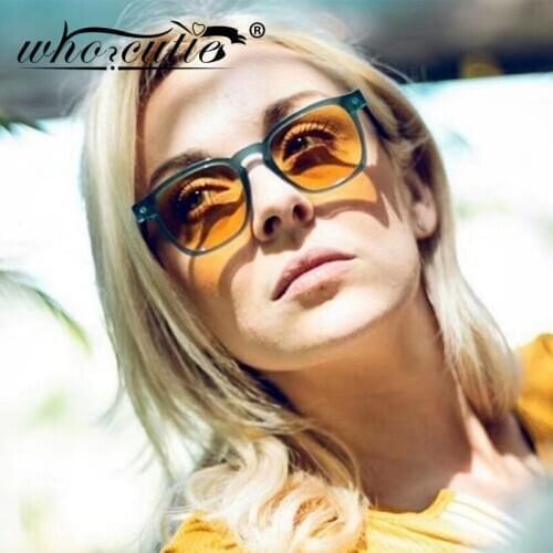 WHO CUTIE Retro Square Yellow Sunglasses Women Men 2020 Brand Vintage Blue Frame Flat Top Design Sun Glasses 90S Sunnies S394