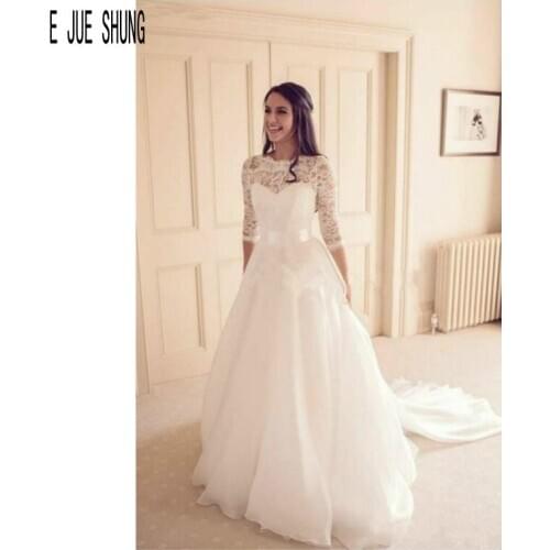 E JUE SHUNG Charming Long Sleeve Wedding Dresses Scoop Neck Lace up Illusion Lace Bridal Gowns A Line Chiffon robe de mariee