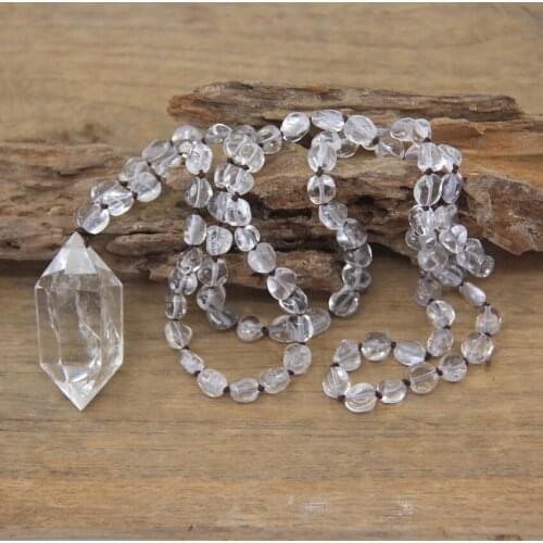 Natural Quartzs Double Point Pendants Crystal Nugget Chip Beads Knotted Handmade Yoga Necklace Mala Jewelry Wholesales,QC0125