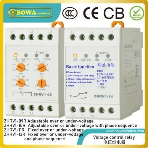 Voltage Protector with reset function has "adjustable or fixed over or under-voltage and imbalance" functions to protect emotors