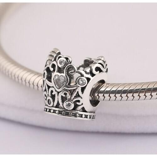 S925 Silver Bead Charm fit Lady Bangle Bracelet Princess Crown Charm Clear CZ Crystal Women DIY Jewelry