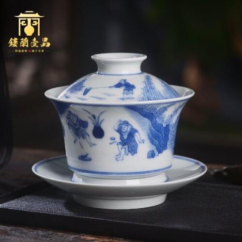 Blue tillage and weaving hand-painted kung fu tea set all three just tureen jingdezhen ceramic bowl with cover a single
