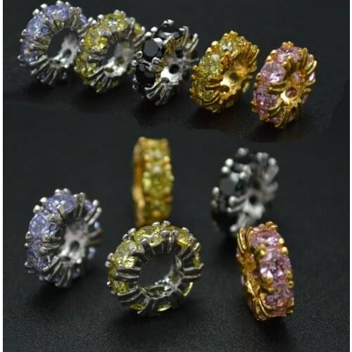 Mix Color Paved Real CZ Zircon 10mm Flat Round Metal Rondelle Spacer Beads Fashion Jewelry Findings 10pc/lot Free shipping