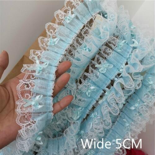 Fine 5.5CM Wide Sky Blue Pleated Chiffon Tulle Lace 3D Bows Applique Fabric Embroidered Ribbon Edge DIY Dress Sewing Supplies