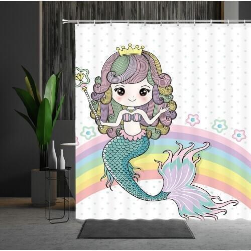 Girl Cartoons Child Mermaid Waterproof Shower Curtain Decorate Bathtub Home Decor With Hooks Bedroom Curtain Multiple Size