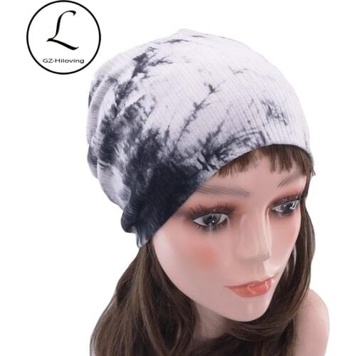 GZHILOVINGL Women Cotton Black Tie Dye Slouch Beanie Hats 2019 Autumn Winter Knitted Skuilles Bonnet For Ladies Women baggy Hats