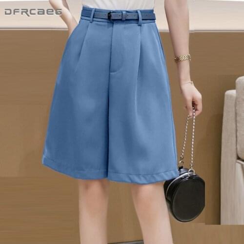 White Knee Length Summer Bermuda Shorts Womens 2020 High Waisted Loose Capris Short Suit Trousers Casual Shorts With Belt