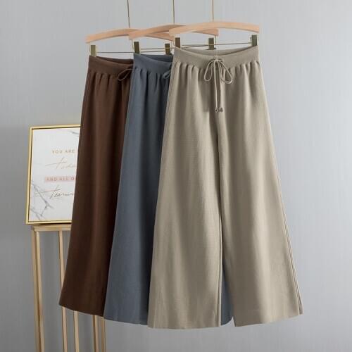 GIGOGOU Autumn Winter Knitted Women Long Straight Pants Drawstring Drape Wide Leg Pant Elastic Lace up Sweater Trousers