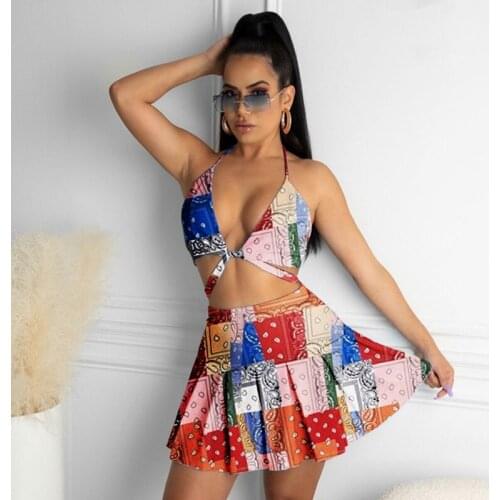Printed Summer Two Piece Skirt Set Women 2021 Halter Top and Pleated Mini Skirt Set Streetwear Bandage Club 2 Piece Outfits Boho