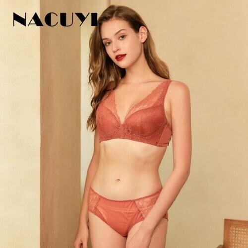 NACUYI-Women Sexy Back Straps Underwear Set Deep V Enhancement Bra and Panty Set Hollow Bra Sexy Embroidered Lace Lingerie Set