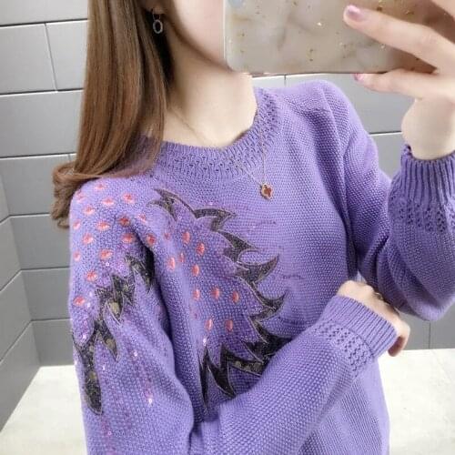 Spring Sweater Women Pullover Embroidered Knitted Sweaters Basic Tops Autumn Loose Purple Outerwear Long Sleeve Coats Female