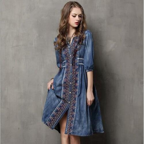 Johnature New Autumn Vintage Denim Dress Women Clothes 2021 Loose Embroidery V-neck Single Breasted National Style Women Dress