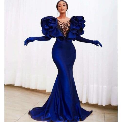 Royal Blue 2021 Beaded Mermaid Prom Dresses Arabic Ruffles Formal Dress Long Sleeve Evening Gowns Robe De Soiree