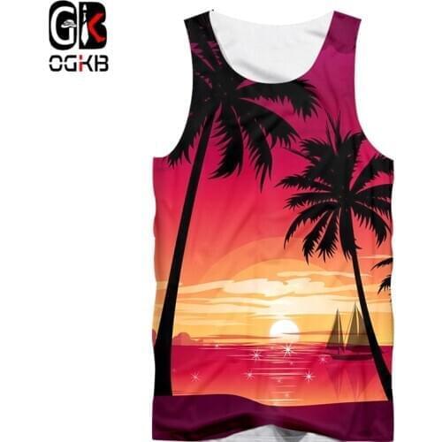 OGKB New Vest Mens Fashion Casual 3D Hawaiian Print Sunset Beach Sleeveless Quick Dry Top Womens Hawaiian Vest Oversized