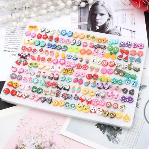 100 Pairs Assorted Styles Polymer Clay Hypoallergenic Stud Earrings Lot for Kids Lovely Earring Sets Children Gift