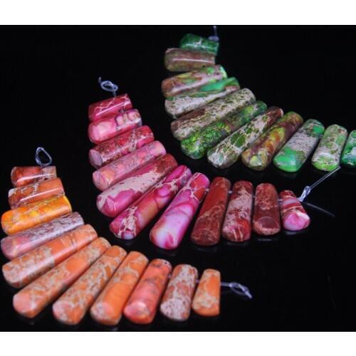 11pcs/set Top Drilled Emperor Stone Slice Graduated Beads,Ocean Sediment Impression Jaspers Stick Pendant Necklaces Jewelry Bulk
