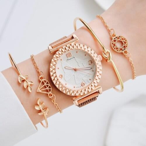 Luxury 5pcs Set Bracelet Women Watch Magnetic Butterfly Pattern Ladies Wrist Watch Rose Gold Clock Relogio Feminino Dropshipping